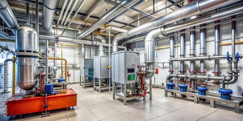 A boiler room with a large central heating system, pumps and valves are visible , industrial setting, pumps