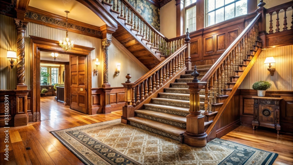 Obraz premium Old wooden staircase in a large Victorian house with ornate details and creaky steps leading up to a landing with soft lighting and natural stone floors , cozy landing, traditional style