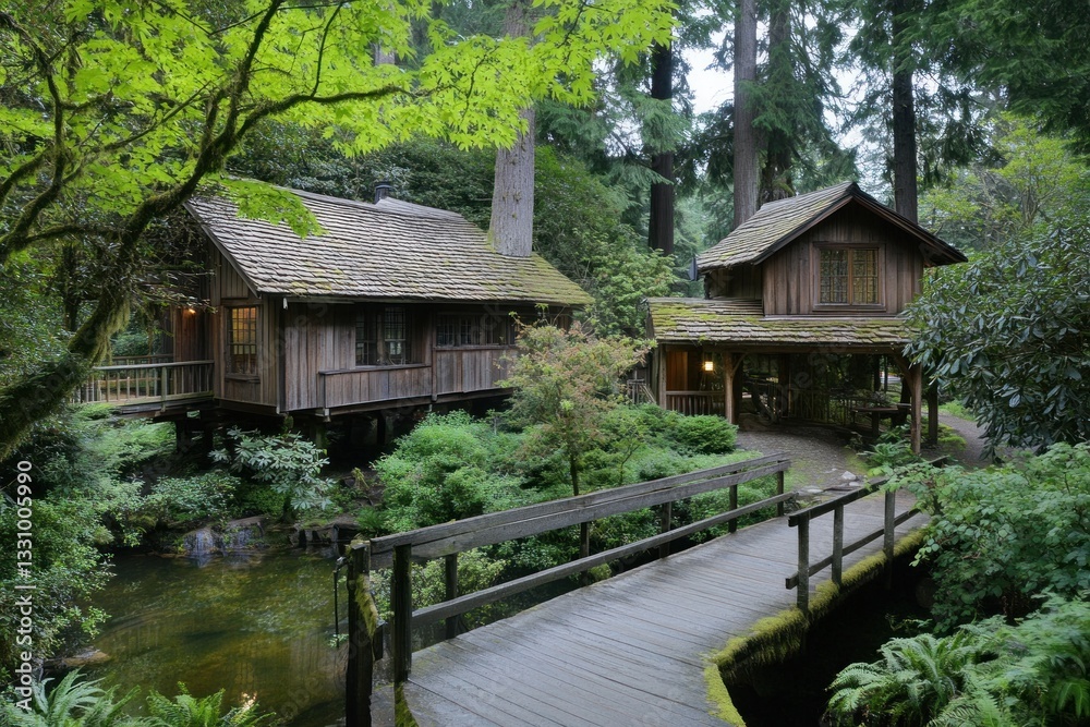 Wooden cabins in a lush garden, serene forest scene, tranquil Wooden cabins in a lush garden, serene forest scene, tranquil