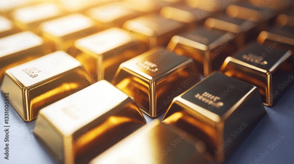 A row of stacked gold bars neatly arranged on a bright white surface, with soft lighting enhancing their radiant golden glow and premium look. A row of stacked gold bars neatly arranged on a bright white surface, with soft lighting enhancing their radiant golden glow and premium look.