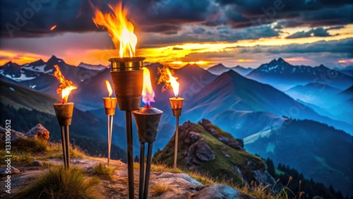 Flambeau torches in vibrant colors on the mountain top at night, flambeau, colorful, flambeau, colorful, competition