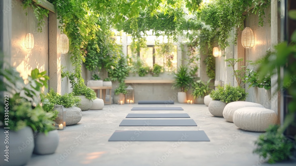 Naklejka premium Serene Yoga Studio Plants Mats Minimalist Haven