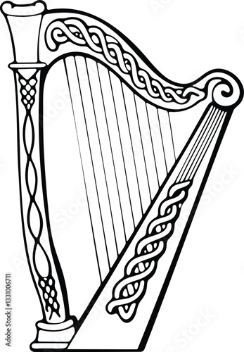 Intricate black and white Celtic harp illustration with ornamental knotwork symbolizing Irish heritage music and folklore
