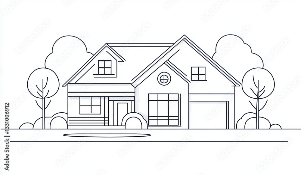 Line Art Drawing of Suburban Two Story House with Garage Line Art Drawing of Suburban Two Story House with Garage