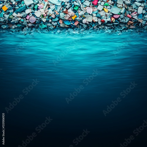 A vibrant underwater scene showcasing colorful plastic debris juxtaposed against clear, deep blue water.