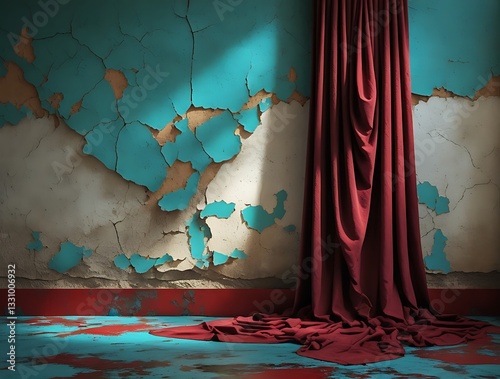 Dramatic interior scene featuring a rich red velvet curtain cascading across a distressed turquoise wall with peeling paint and aged textures, evoking artistic contrast and emotion

