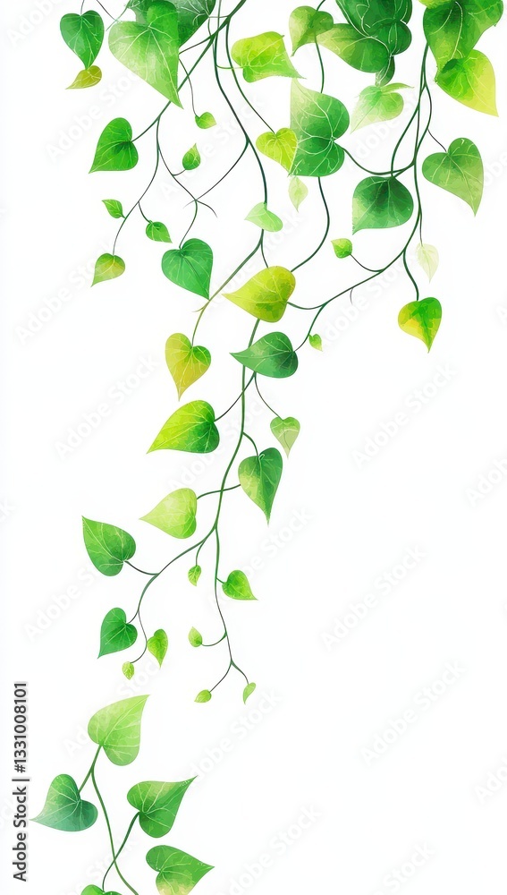 Lush Green Watercolor Vines and Leaves on White Background Lush Green Watercolor Vines and Leaves on White Background