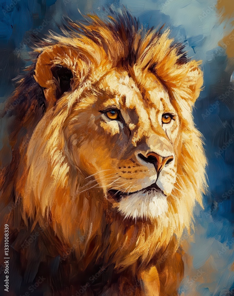 Naklejka premium Majestic Lion Portrait Golden Fur, Intense Gaze, Artistic Painting