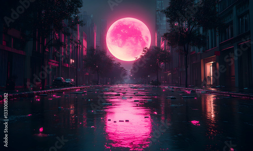 Pink moon hangs large over a rain-slicked city street at night, reflecting in puddles