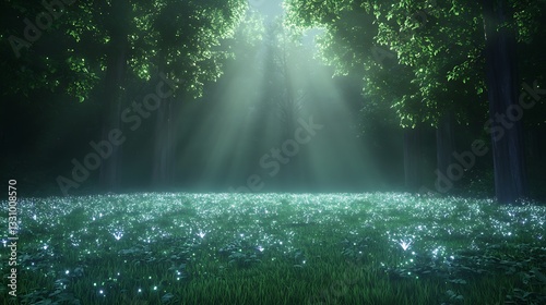 Serene forest scene with sunlight filtering through trees, illuminating a grassy area filled with soft glowing lights.