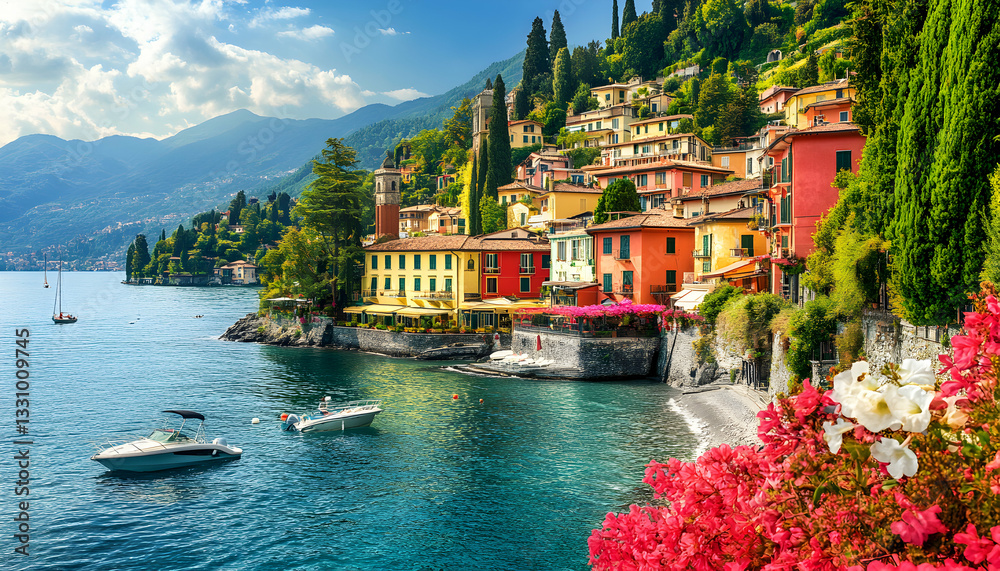 Obraz premium Stunning picturesque Italian village nestled on a hillside overlooking a tranquil lake, vibrant buildings, boats, lush greenery, and blooming flowers.