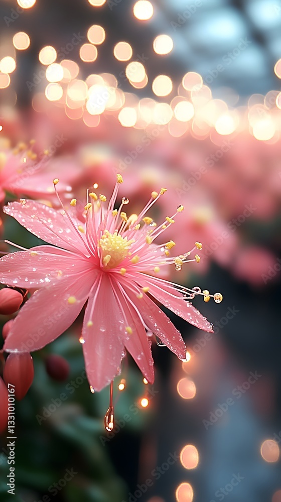 Fototapeta premium Pink flower blooms, glowing lights, indoor garden