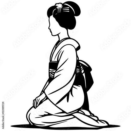 Japanese Woman Wearing Kimono Bowing.