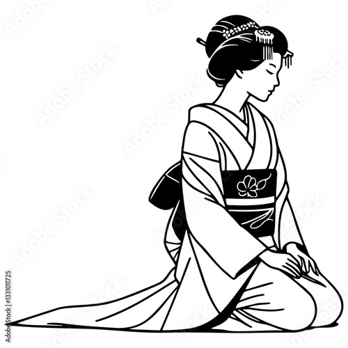 Japanese Woman Wearing Kimono Bowing.