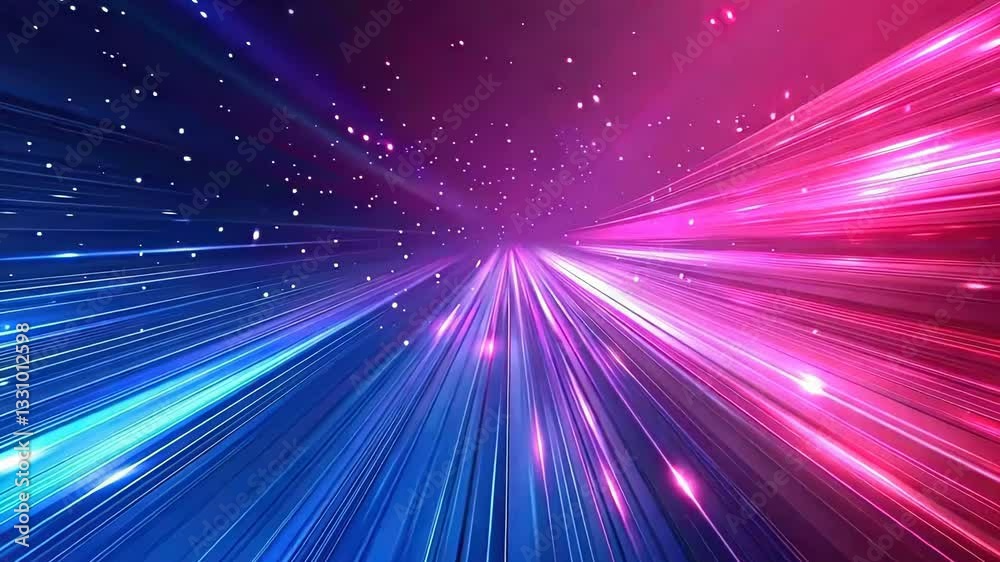 Futuristic speed tunnel.  Vibrant neon lines converge to a central point in a deep space