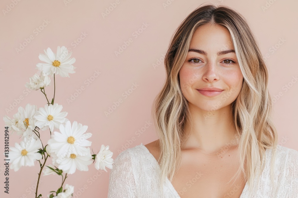 Light pink background with symmetrical white cosmos flowers, elegant minimalist floral frame for wedding invitations or branding materials. Light pink background with symmetrical white cosmos flowers, elegant minimalist floral frame for wedding invitations or branding materials.