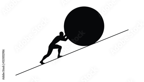 Sisyphus Icon. Man Pushing Boulder, Struggle, and Perseverance Silhouette Vector.