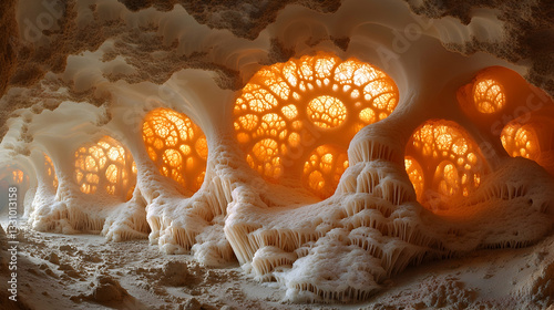 Glowing orange formations illuminate an intricate, cavernous landscape of off-white, organic structures.  The scene is surreal and otherworldly photo