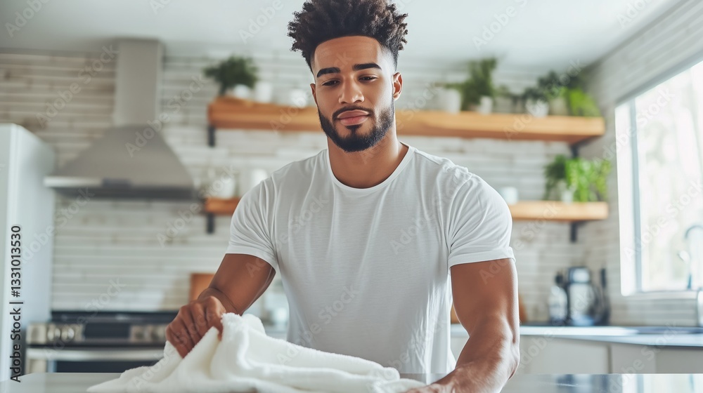 Man folding towels in modern kitchen home lifestyle bright close-up Man folding towels in modern kitchen home lifestyle bright close-up