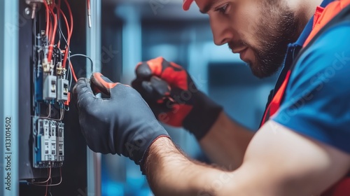 Electrical technician repairing equipment in industrial setting