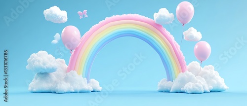 Whimsical rainbow with balloons and clouds.