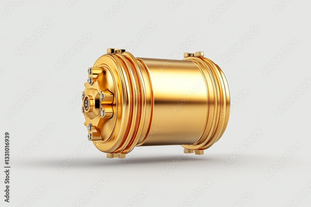 Shiny golden turbine component placed on a neutral grey background symbolizing power generation and modern industrial energy efficiency solutions Shiny golden turbine component placed on a neutral grey background symbolizing power generation and modern industrial energy efficiency solutions