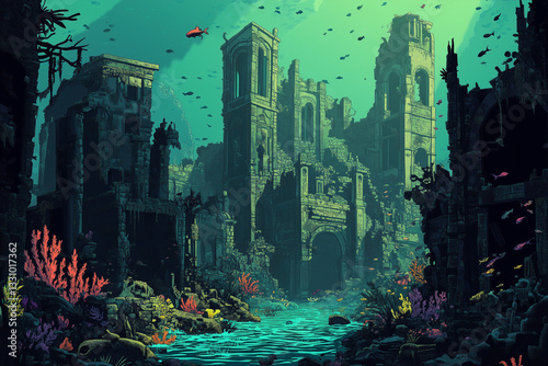 Mystical vector artwork of an underwater metropolis featuring vibrant coral reefs teeming with fish, mermaids, and old ruins