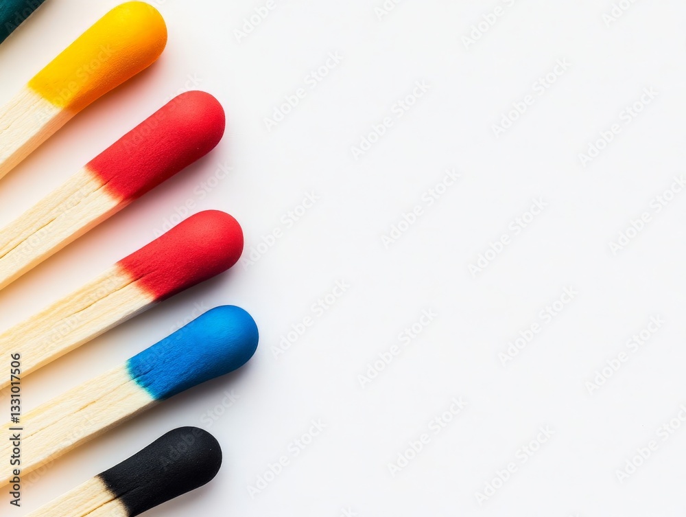 Naklejka premium Close up of colorful wooden matches with blue red yellow and black tips arranged diagonally on a white background symbolizing diversity and energy