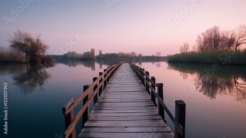 Serene Sunrise over Wooden Bridge and Calm Lake