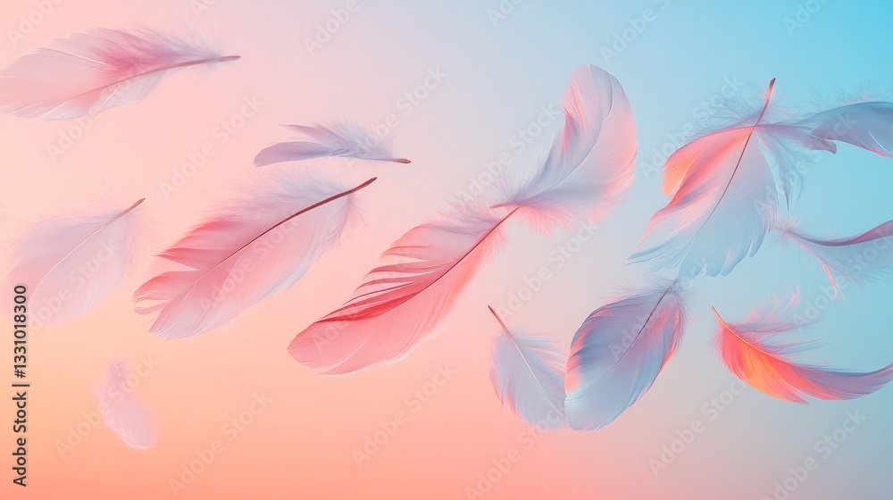 Delicate white bird feathers gracefully floating against a gradient pastel sky Delicate white bird feathers gracefully floating against a gradient pastel sky