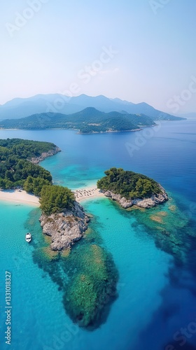 Explore the Stunning Beaches and Islands of Ksamil, Albania, From Above the Ionian Sea Generative AI