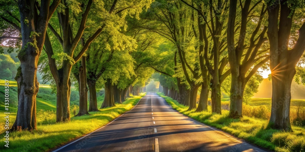 Obraz premium Sunlit Roadway Through Lush Green Tree Tunnel in Pastoral Setting