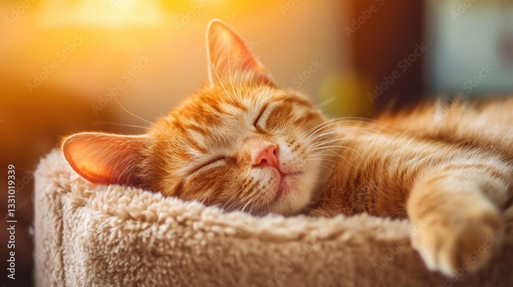 Obraz premium Sleeping orange cat basking in warm sunlight.