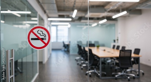 No smoking sign in modern office space surrounded by glass partitions and empty chairs