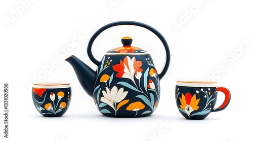 Vibrant Floral Teapot and Cups: A Hand-Painted Ceramic Set AI Generated