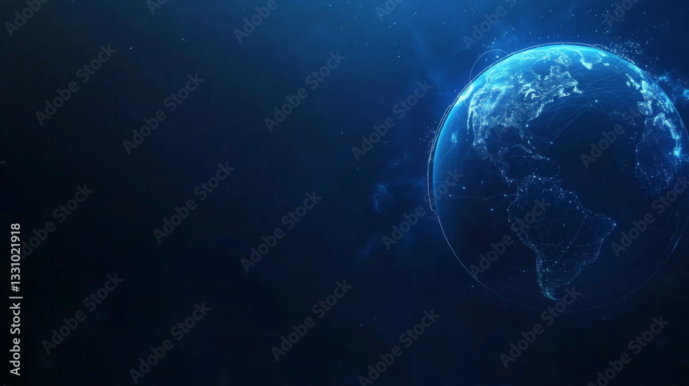 Obraz premium Abstract blue planet Earth made of low-poly polygons with glowing dots and lines