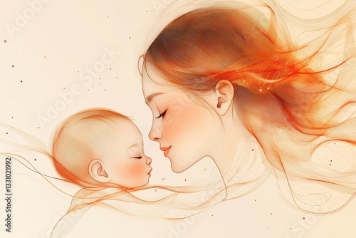 A mother tenderly holding her child, showing love and care. Both are looking at each other with affection in a warm and cozy setting.