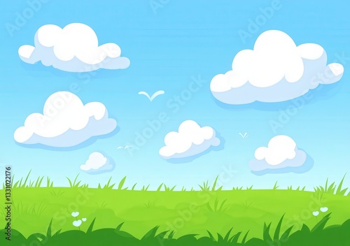 Pixel Art Sunny Day Landscape Blue Sky, White Clouds, Green Grass