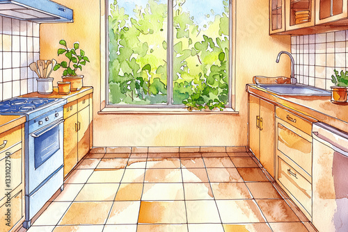 A bright, airy kitchen with wooden cabinets, a stove, and a large window showcasing lush greenery outside.