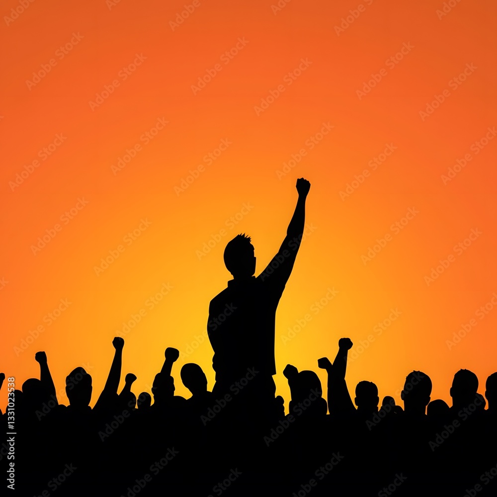 Fototapeta premium Strength in Unity: A silhouette of a crowd raises fists against an vibrant sunset, showcasing solidarity, protest, and the power of collective action.