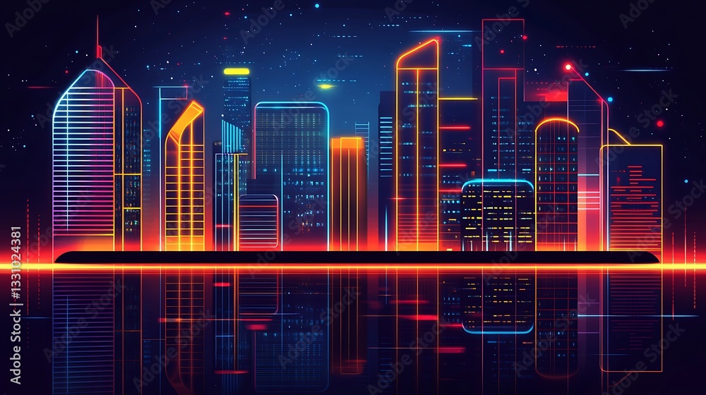 Fototapeta premium Glowing cityscape reflection on water, vibrant neon lights in the night, data streams