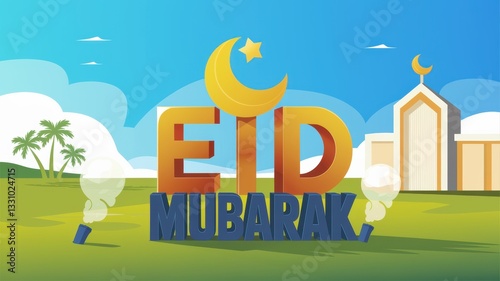 3D Eid Mubarak Celebration Scene with Mosque and Fireworks