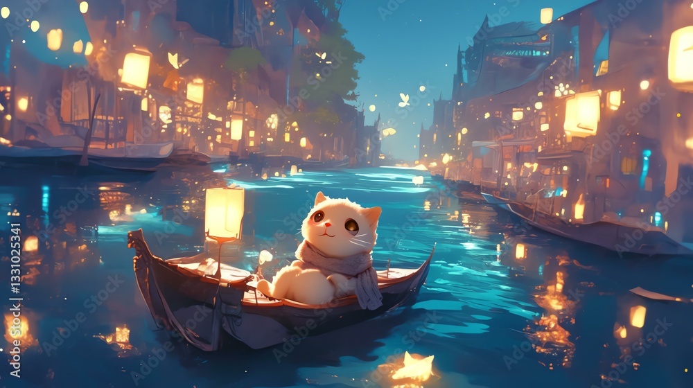 Obraz premium A charming cat floats serenely on a boat surrounded by glowing lanterns.