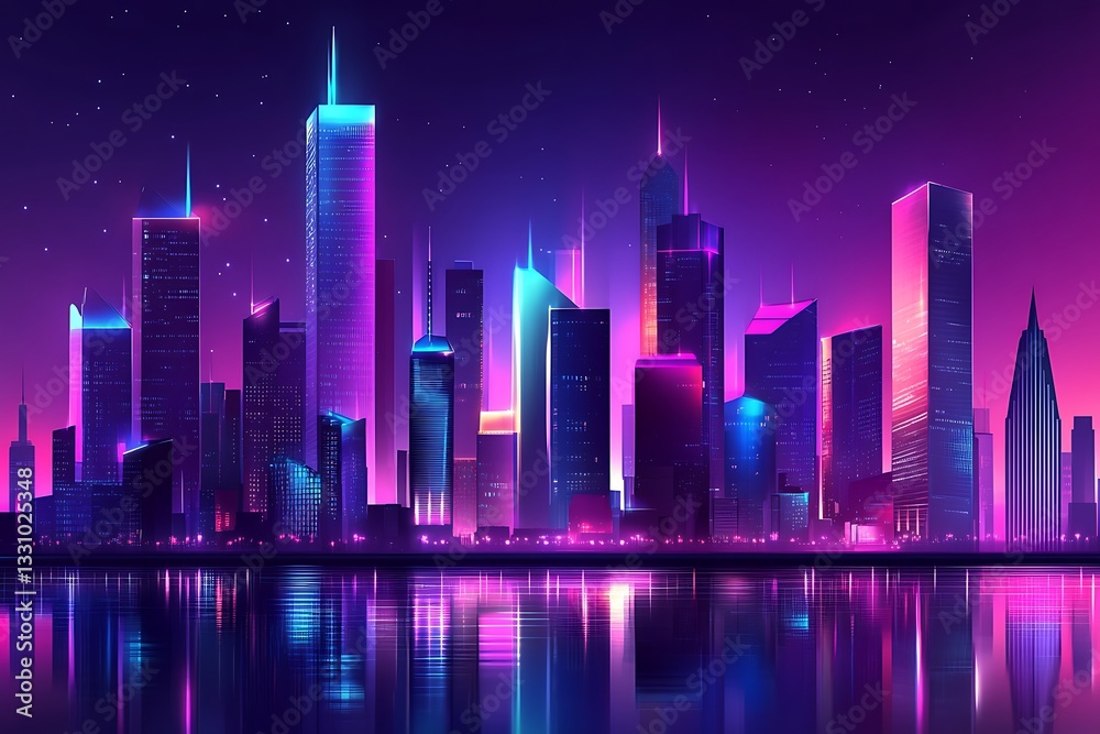 Obraz premium Illuminated cityscape reflects in water during night, with vibrant light show, for futuristic design