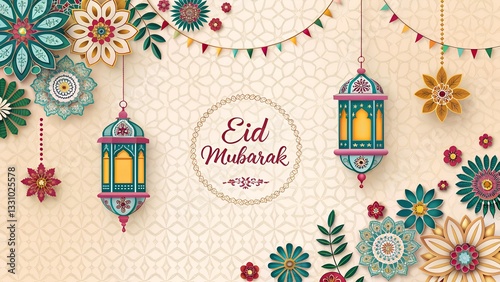 Festive Eid Mubarak Banner Colorful Lanterns and Floral Decorations