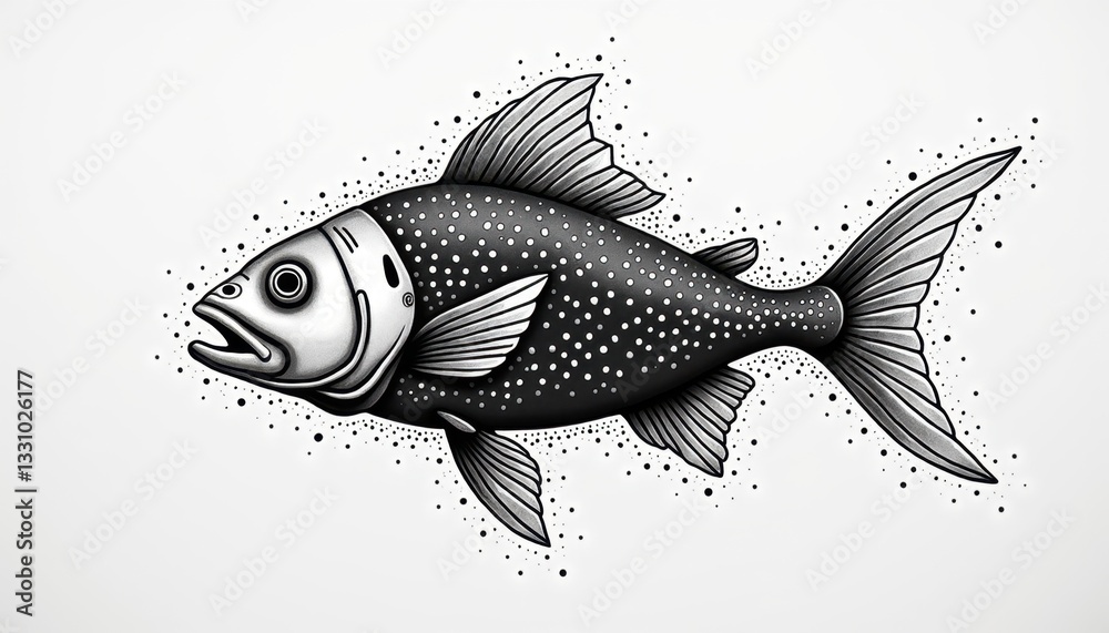 Fototapeta premium Expressive Fish Eye Dotwork Illustration for Tattoo Design Website Graphics Black Ink Marine Theme