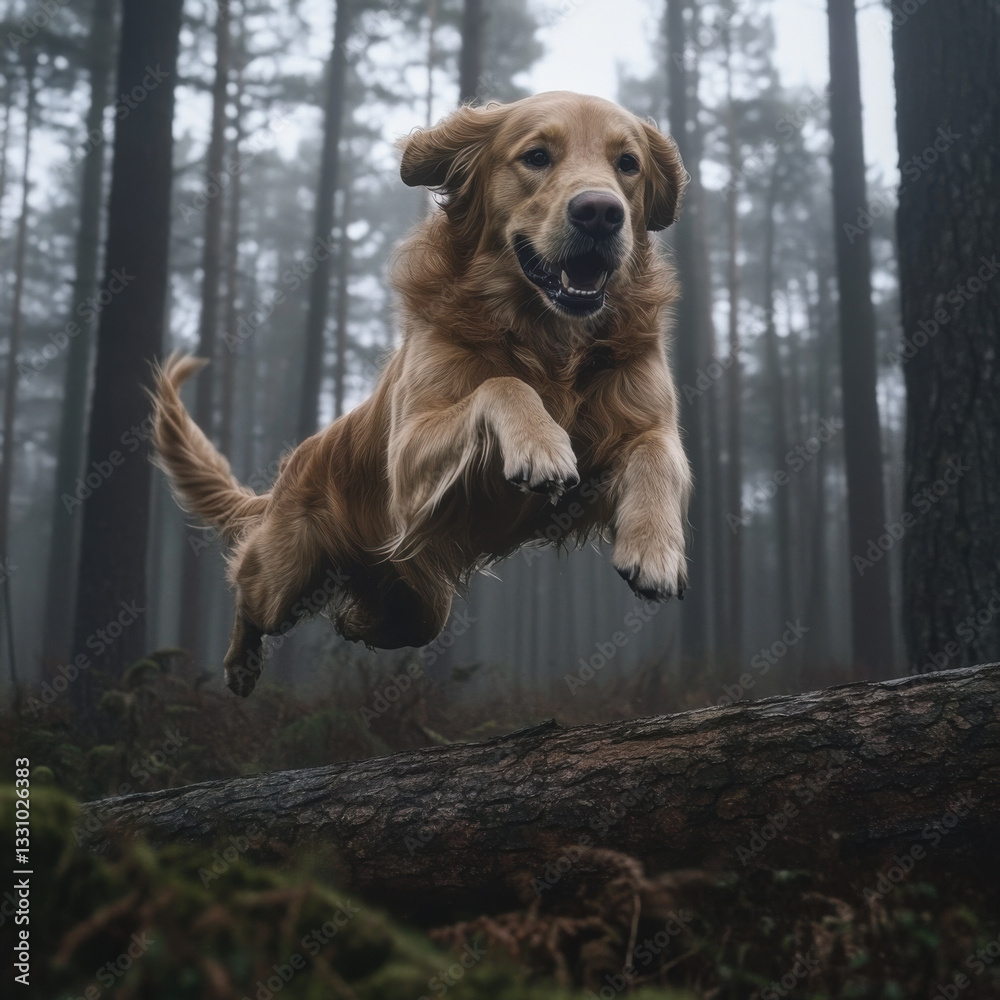 Obraz premium Golden Retriever jumping over a log in a dense misty forest, dynamic action shot, cinematic lighting, hyper-realistic, UHD 8K 