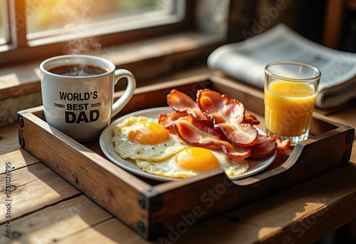 Breakfast Tray with Eggs and Coffee for Dad's Morning Surprise Website Content photo