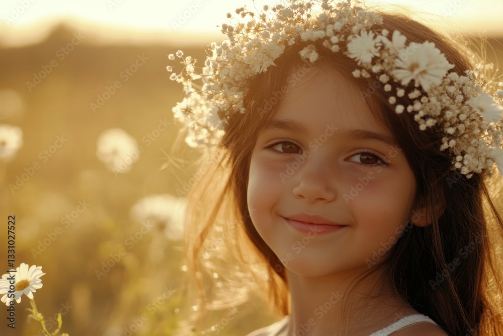 Fototapeta premium Morning glow. Happy middle eastern child girl wearing white flower crown on her head. Happy sunny days symbol. Girl with flower wreath. Childâ€™s holiday escape in nature. Happy child in summer.