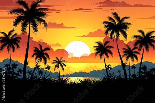 Vibrant backdrop of an orange sky sets the stage for a row of majestic palm trees.